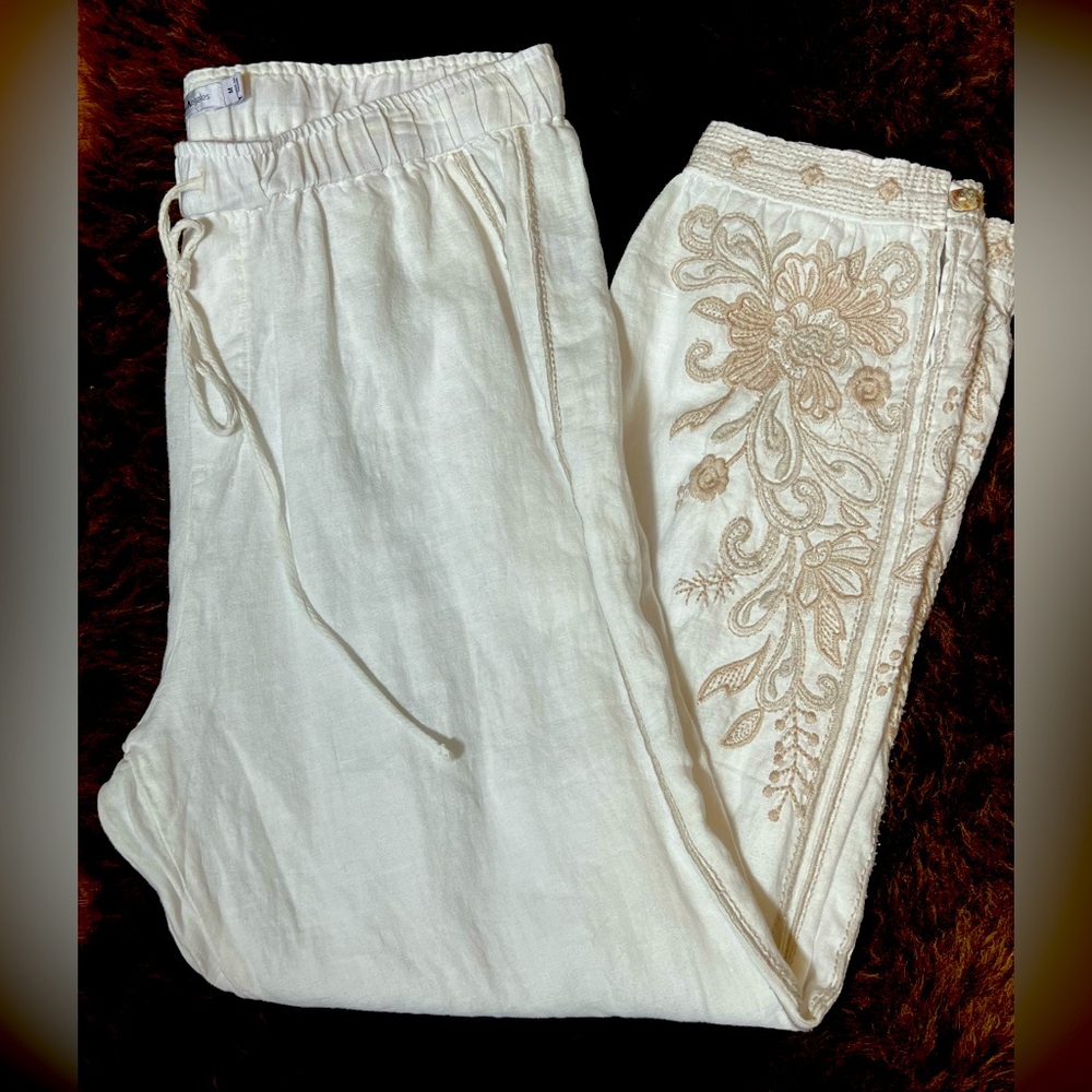 Johnny Was Elegant White/Cream Linen Embroidered Women’s Jogger Pants, Size M